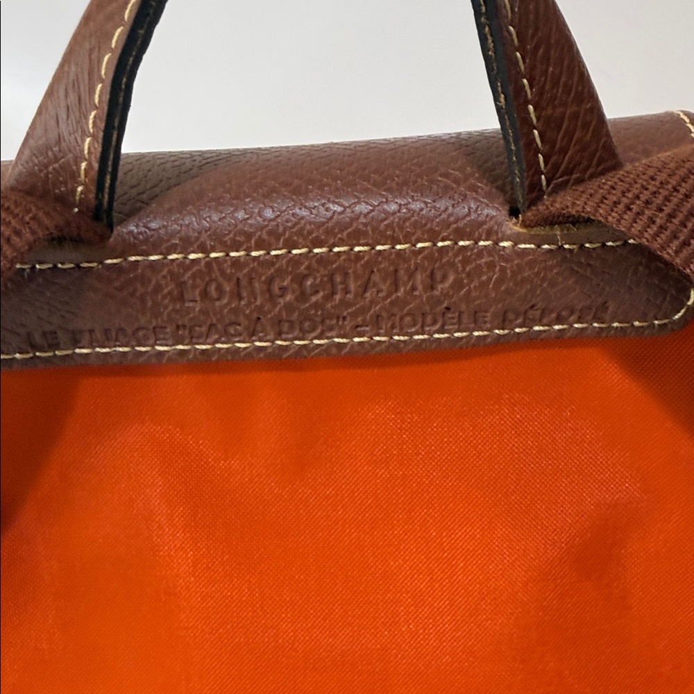 Longchamp Le Pliage Backpack in Pumpkin with Brown Leather. Packable. New. - Picture 3 of 10